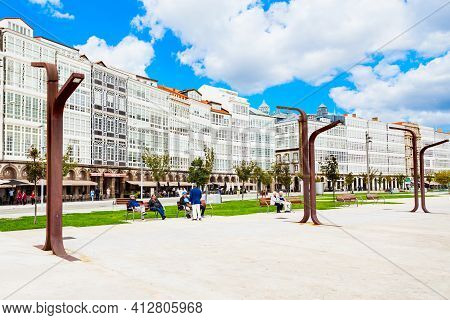 A Coruna, Spain - September 24, 2017: Traditional Galician Houses At The Embankment In The Centre Of