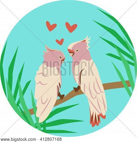 Vector Illustration, Two Parrots Male And Female Are Sitting On A Branch On A Blue Background, Surro