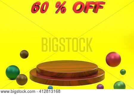 3d Rendering Of Sixty Percent, Yellow Background And Display Wooden Texture. Perfect For Background,