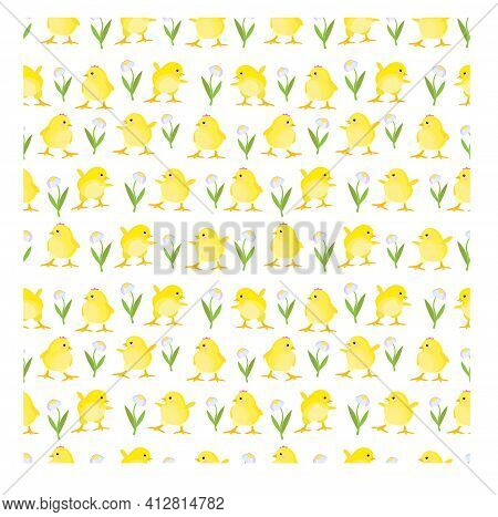 Seamless Pattern With Cute Chiken And Flowers. Stock Vector Illustration Isolated On White Backgroun