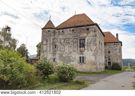 View On Medieval Castle St. Miklos ( Saint Miklos ) Outdoor. Chynadiyevo Village, Western Ukraine. E