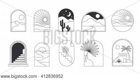 Bohemian Linear Logos, Icons And Symbols, Landscape, Arcs And Windows Design Templates, Geometric Ab