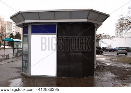 Bulletin Board, A Billboard With An Empty White Space For Text On A City Street.