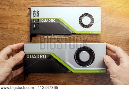 Senior Engineer Hands Pov Holding Looking Comparing Two New Gpu Nvidia Quadro Rtx 4000 Rtx 5000 Base