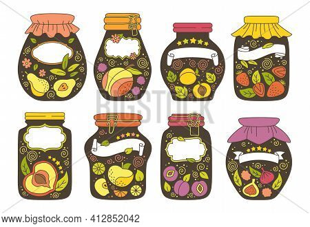 Tag Sticker Jar Fruit Doodle Set Label Jam Vector