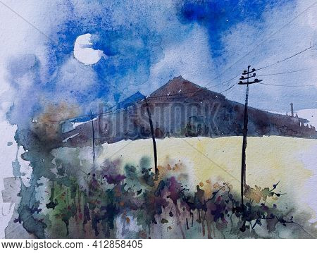 Moody Watercolor Painting Of Dark Mounain At Night, Moon Partly Covered With Cloud. Landscape, India