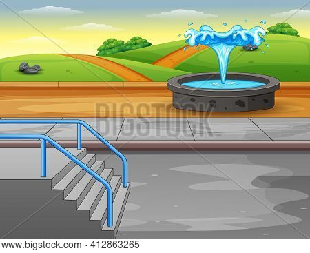 Fountain In The Middle Of City Park Illustration