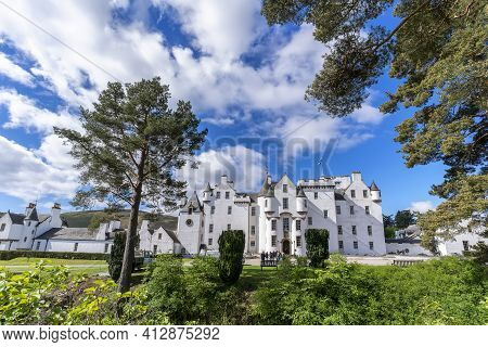 Perthshire, Scotland - May 24 , 2019 : White Elegant Blair Castle Locates Near The Village Of Blair 