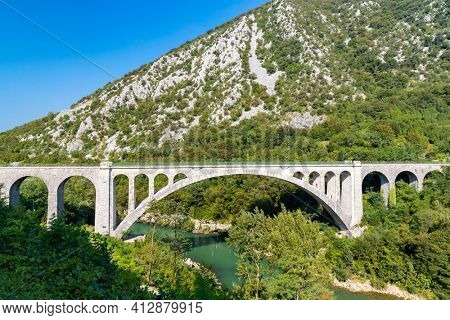 Solkan bridhe on the River Soca, Slovenia