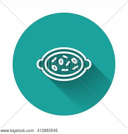 White Line Kheer In A Bowl Icon Isolated With Long Shadow. Traditional Indian Food. Green Circle But