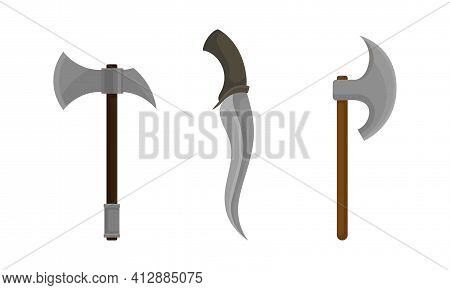 Medieval Cold Steel Arms Or Blade Weapon With Hatchet And Dagger Vector Set