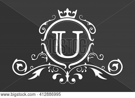 Stylized Letter U Of The Latin Alphabet. Monogram Template With Ornament And Crown For Design Of Ial