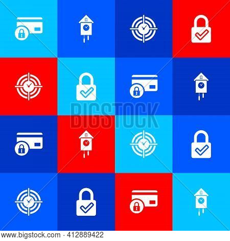 Set Credit Card With Lock, Retro Wall Watch, Time Management And Lock And Check Mark Icon. Vector