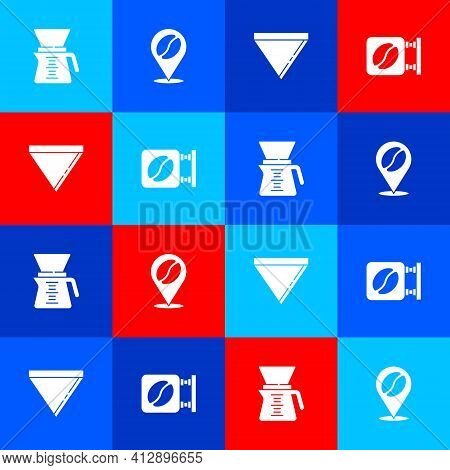 Set Pour Over Coffee Maker, Location With Coffee Bean, Coffee Paper Filter And Street Signboard Icon