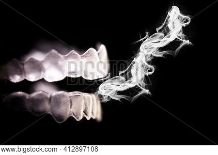 Transparent Ferule Retainer Teeth Alignment. Copy Space
