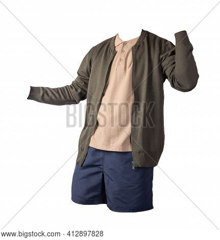 Men's  Dark Green Knitten Bomber Jacket,beige  Shirt And Dark Blue Sports Shorts Isolated On White B