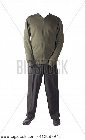 Men's Dark Green Knitten Bomber Jacket ,black Pants  And Black  Leather Shoes Isolated On White Back