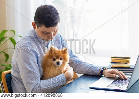 Freelancer Man, Caucasian Bisnessman With His Friendly Pomeranian Spitz Using Laptop At Remote Home 