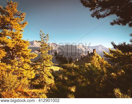 Tushetian Towers Up Hill In Upper Omalo, Tusheti. Georgia Travel And Culture