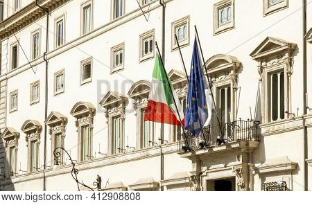 Facade Of Palazzo Chigi In Rome, Seat Of The Italian Prime Minister And Government. The Italian And 