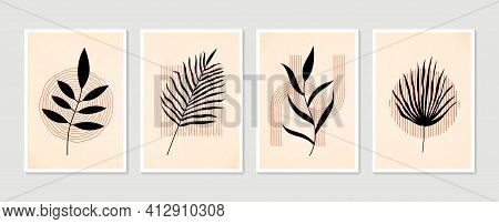 Botanical Wall Art Vector Set. Minimal And Natural Wall Art. Boho Foliage Line Art Drawing With Abst