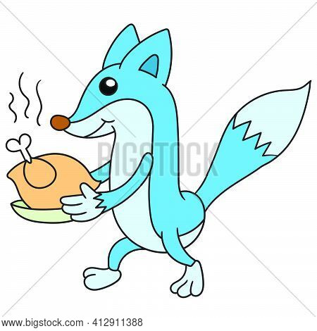 Civets Bring Chicken Food To Serve, Doodle Icon Image. Cartoon Caharacter Cute Doodle Draw