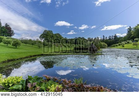 Perthshire, Scotland - May 24 , 2019 : Garden And Pond In White Elegant Blair Castle Locates Near Th