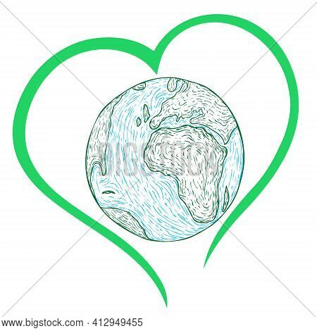 Earth Day, Vector Illustration Of Hand-drawn Earth Strokes With Green Heart Around