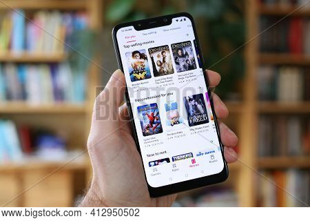 Warsaw, Poland - January 29, 2021: User Browsing Movies For Rent In Video-on-demand Google Play Stor