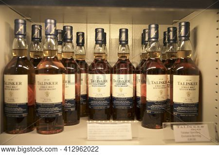 Skye Island (scotland), Uk - August 14, 2018: Whisky Bottles  In Talisker Distillery. Carbost, Loch 