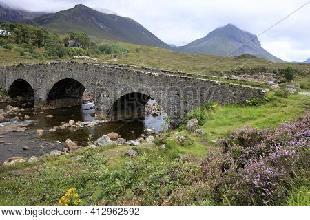 Sligachan - Skye Island (scotland), Uk - August 14, 2018: Sligachan Old Bridge Looking Towards The C