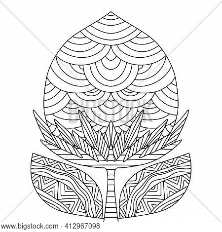 Flower Bud With Leaves On Stem Coloring Page Stock Vector Illustration. Funny Symmetry Floral Colori