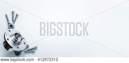 Auto Equipment. Auto Motor Mechanic Spare Or Automotive Piece On White Banner Background. Set Of New
