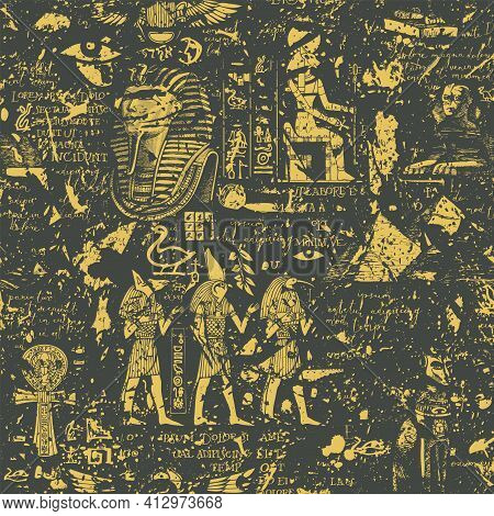 Abstract Seamless Pattern On An Ancient Egypt Theme In Grunge Style. Vector Repeating Background Wit