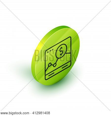 Isometric Line Website With Stocks Market Growth Graphs And Money Icon Isolated On White Background.