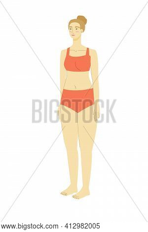 Brown Hair Woman In Swimsuit With Healthy Body. Beautiful Girl In A Swimsuit. Body Positivity And Fe