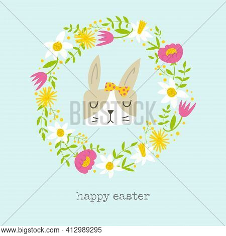 Easter Bunny Floral Greeting Card. Round Wreath With Leaves, Tulips, Peony, Daisies And Daffodils.