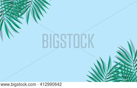 Green Palm Leaf Vector For Background. Tropical Palm Frond Frame. Summer Tropical Leaves. Summer Gre