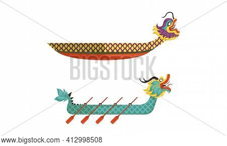 Dragon Boat As Chinese Wooden Watercraft Vector Set