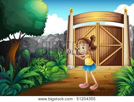 Illustration of a cute girl taking pictures at the frontyard