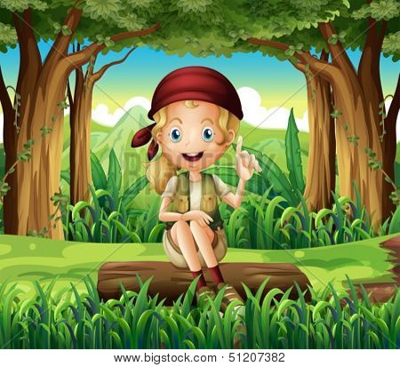 Illustration of a forest with a young girl sitting above a log