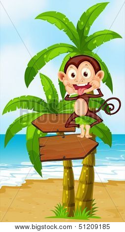 Illustration of a playful monkey above the wooden arrowboard at the beach