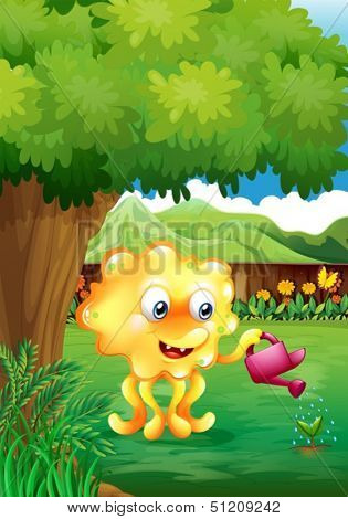 Illustration of a monster watering the plants
