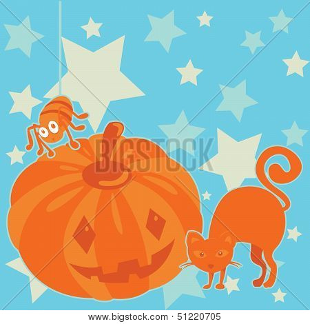Halloween pumpkin with spider and cat