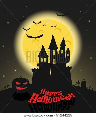 Dark castle in a full moon. Happy Halloween illustration 