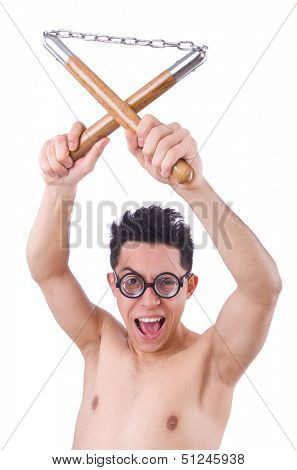 Funny guy with nunchucks on white