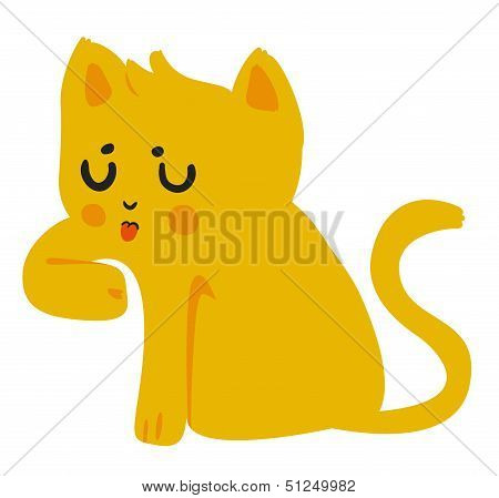 Yellow Cat Licking Paw