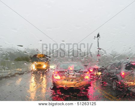 Heavy rush hour traffic in the rain