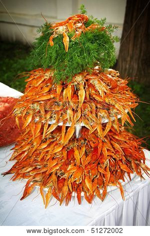 Lots Of Fresh Boiled Crawfish With Dill On A Plate