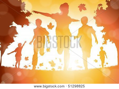 Abstract Boys Running in the Autumn Leaves